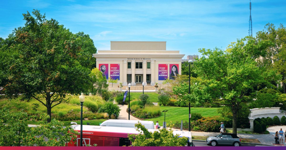 Glover Gate and Kogod View of American University's Campus from Katzen Arts Center.