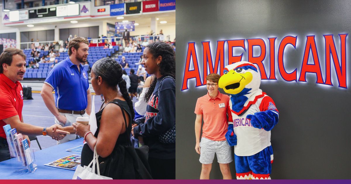 Left photo depicts Preview Day guests shaking hands with AU representative. Right photo depicts prospective student taking photo with Clawed the mascot in front of American sign.