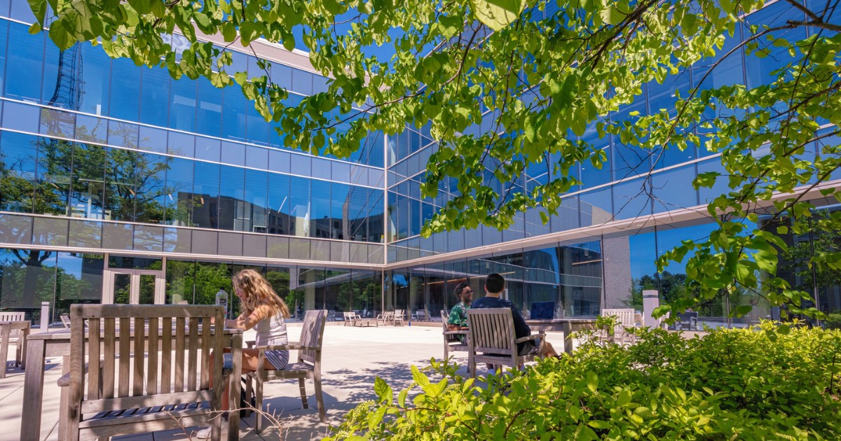 Students Studying Outside Hall of Science at American University