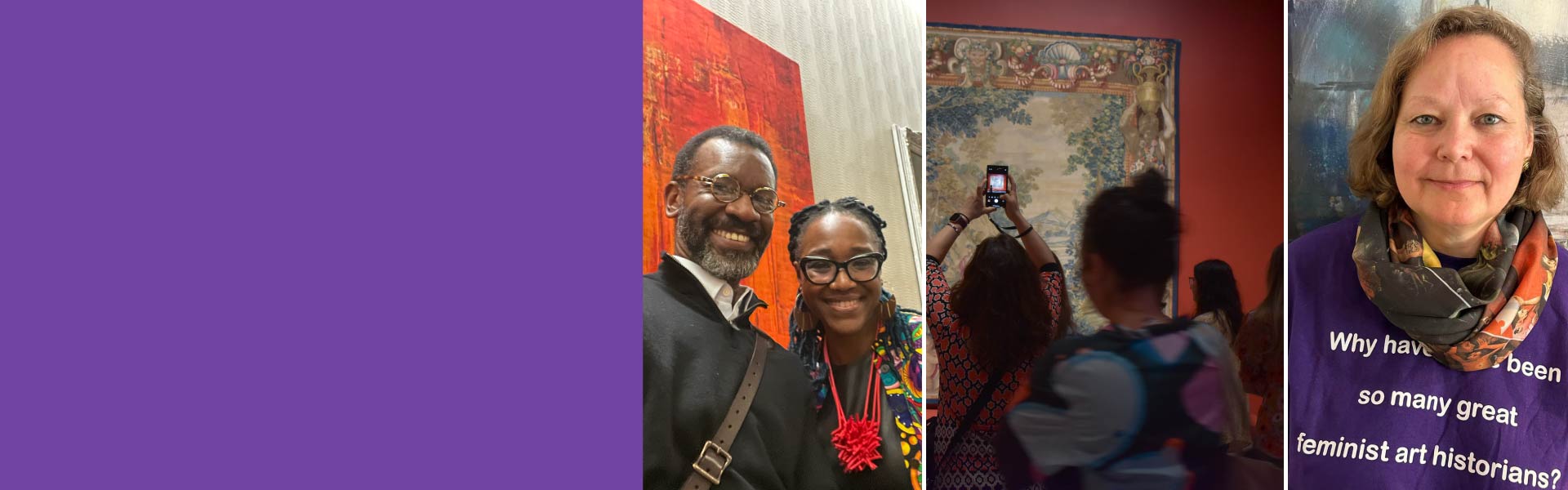 Man and woman photographed in front of a painting, a woman taking a photo of a painting in a museum, a woman in a purple shirt that says 'why have there been so many great feminist art historians?'