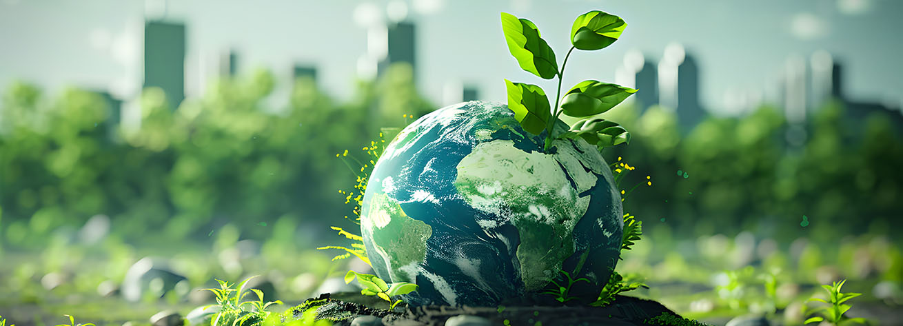 A plant sprouting from a small globe lying on a bed of moss with a futuristic city in the background.