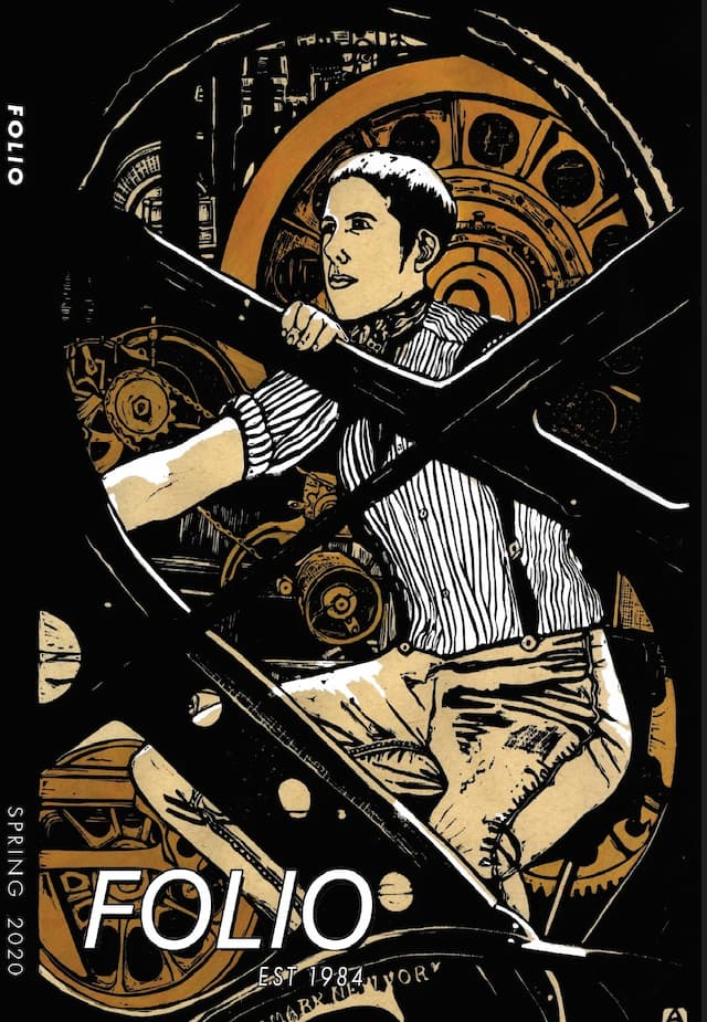 Folio cover with a person inside large gears.
