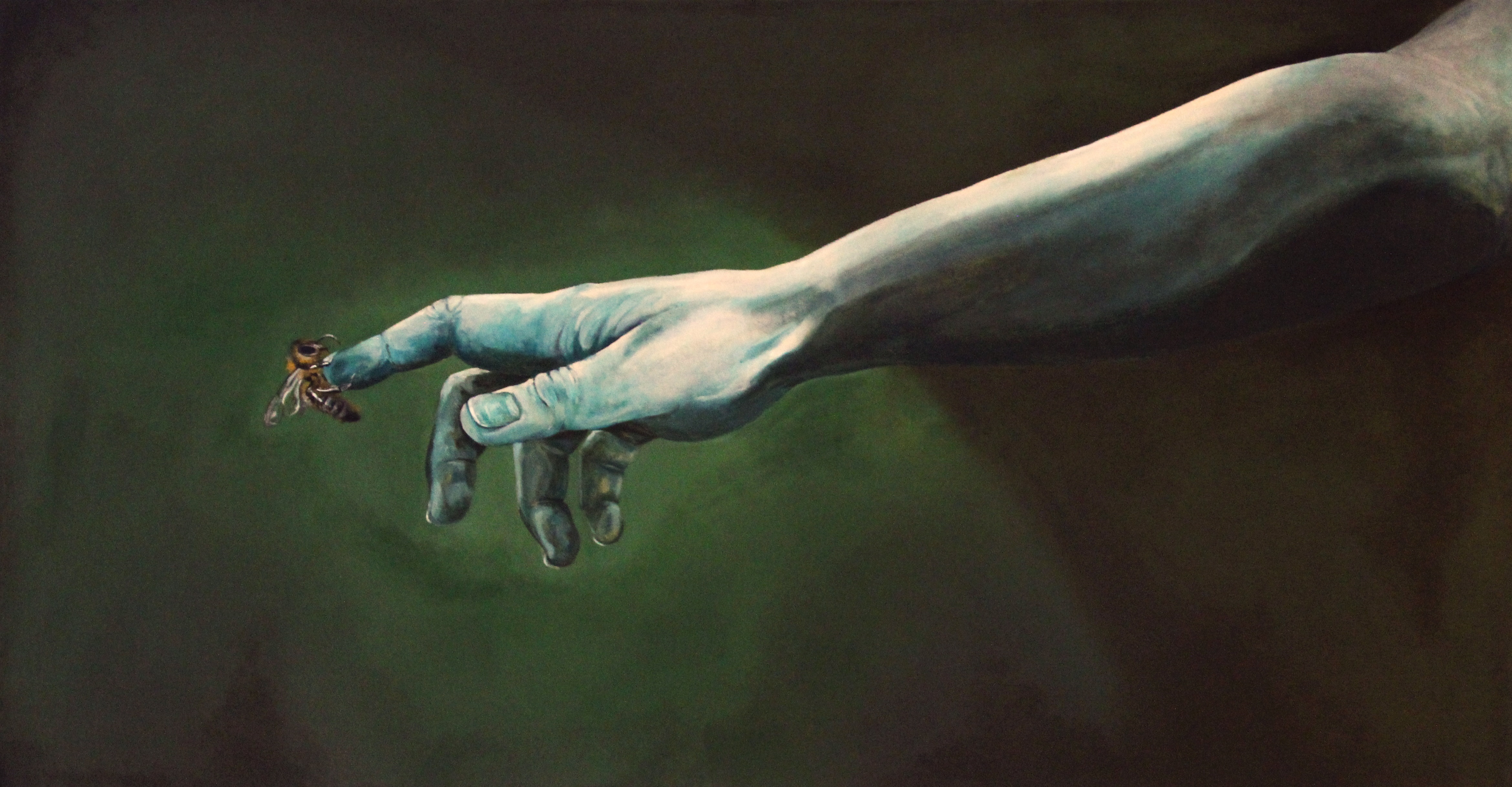 Painting of an outstretched hand with a bee on the person's finger