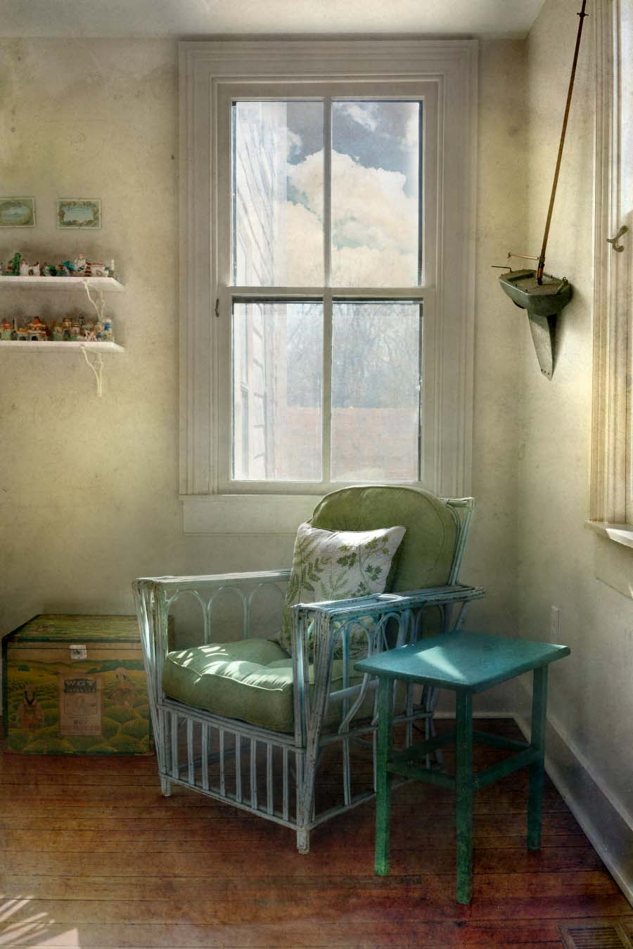 David A. Douglas, 208 South Street,  2020. Still life painting of a green chair near a window.