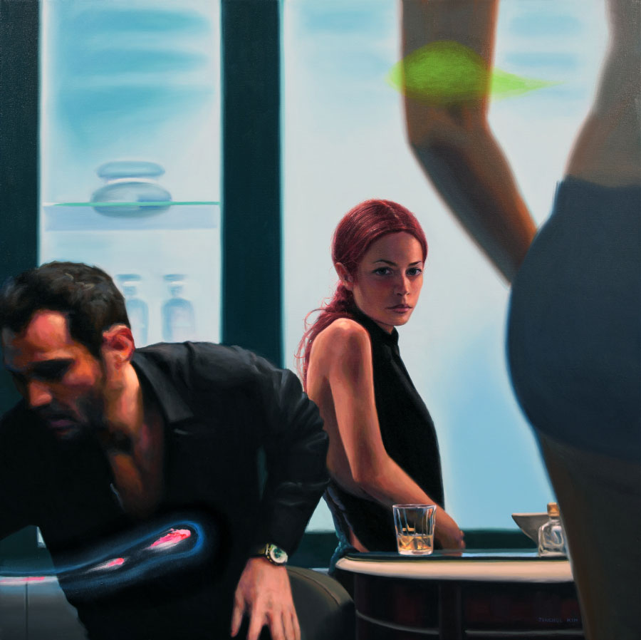 Jinchul Kim, Rendezvous, 2023. Between a woman's waist and a man leaning to the side, a woman at the back of a bar makes eye contact with the viewer. 