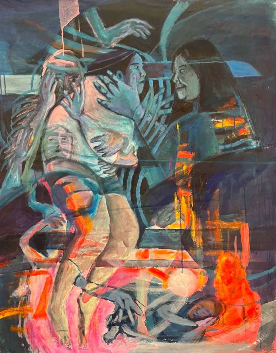 Mikayla Vesper, Letting Go. A woman and disembodied spirits hold a girl as the woman and girl make eye contact. Most of the painting is cool toned, but at the bottom, a glowing orange structure containing a sleeping girl in blue