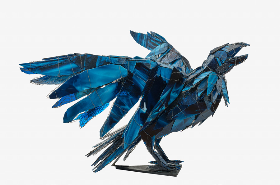 Joan Danziger, Ocean Sky Raven, 2022. Metal and glass, 25 x 41 x 29 inches.