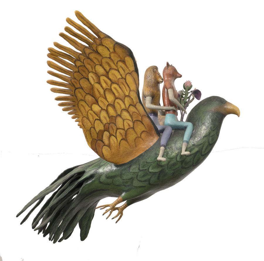 JD0124_JohnWoo_DSC0274a Joan Danziger, Flying Bird, 1995. Suspended sculpture, mixed media, 45 x 55 x 78 inches.