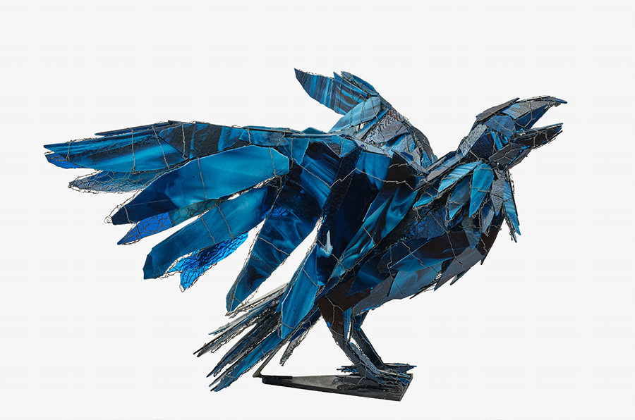 Joan Danziger, Ocean Sky Raven, 2022. Metal and glass, 25 x 41 x 29 inches.