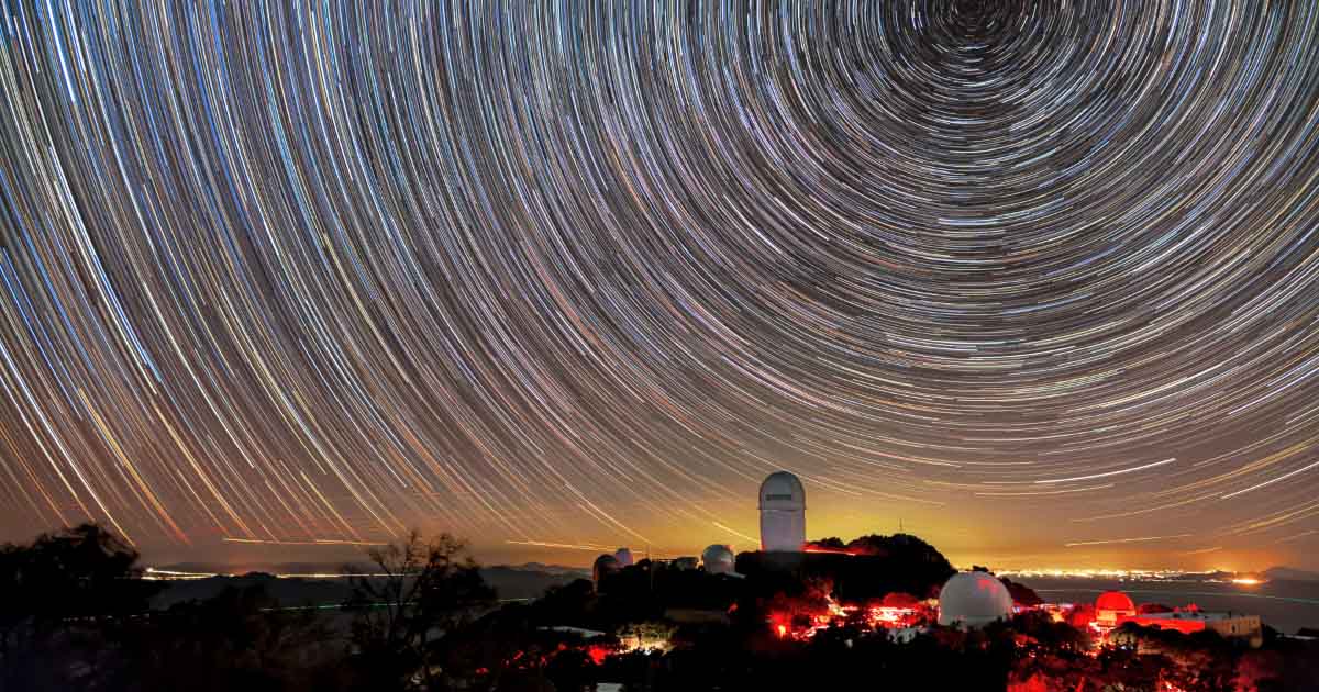 Mayall Telescope, shown beneath star trails captured in a long-exposure image. Credit: KPNO/NOIRLab/NSF/AURA/B. Tafreshi