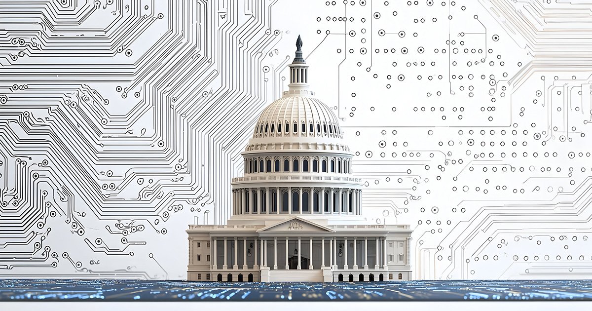 Generative AI image of US Capitol and circuit board.