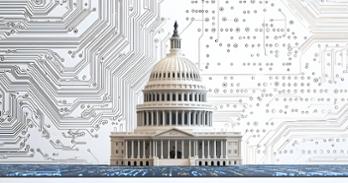 Generative AI image of US Capitol and circuit board.
