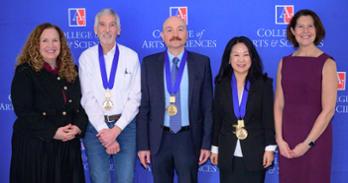 Left to right: Acting Provost Vicky Wilkins; Professors Anthony Riley, Stefano Costanzi, Jin Park; CAS Dean Linda Aldoory. Credit: Jeff Watts