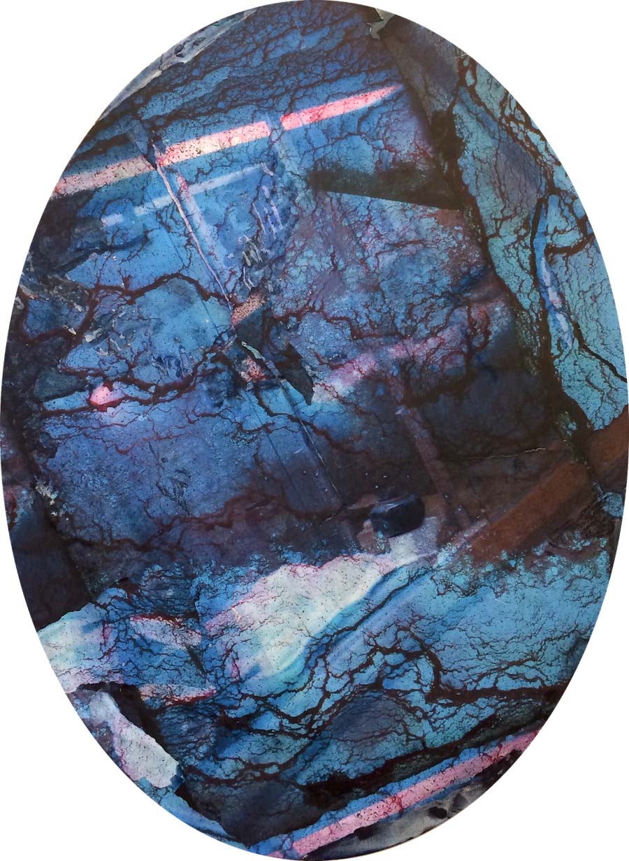 Don Kimes, Rising Blue, 2025, Collage of artwork remnants, acrylic, and ink on canvas, 48 x 36 in.