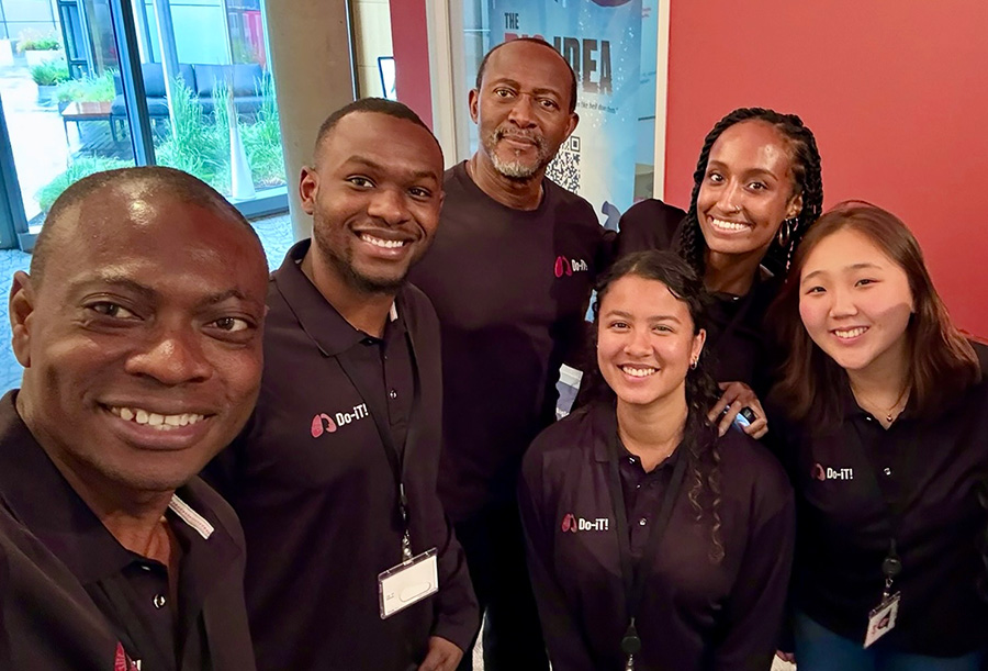 The AU- Do-iT team (left to right): Libert Kanojerera, Franck Uwiragiye (back), Sophia Gagliardi (front), Abonesh Girma, Ailene Pak