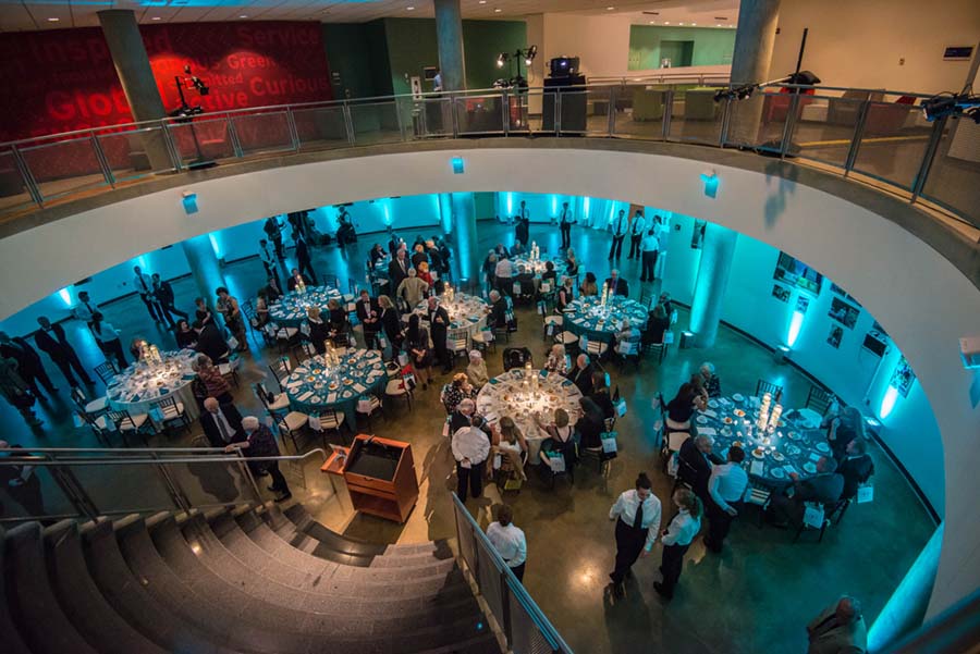 Tables set up for a gala in the Katzen rotunda