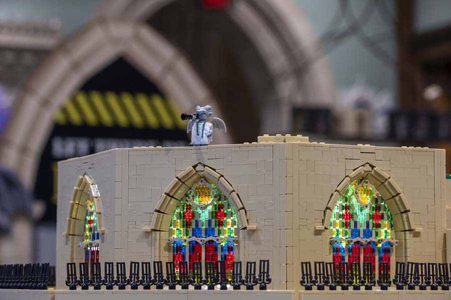 Detail of in-progress LEGO cathedral windows with arches in background