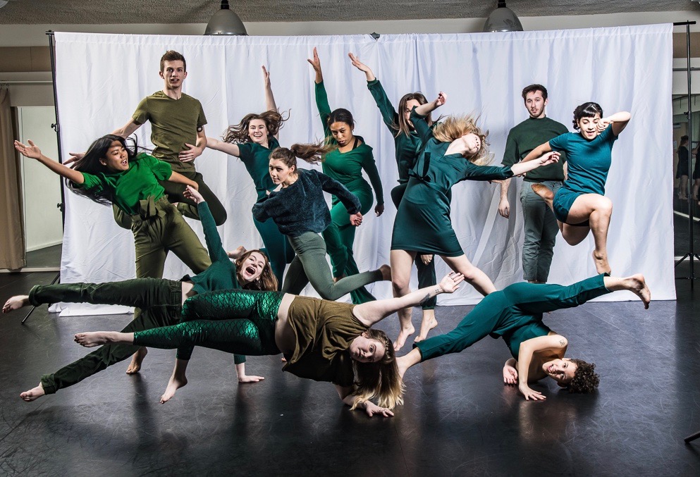 Dancers jump and leap in a photoshoot.