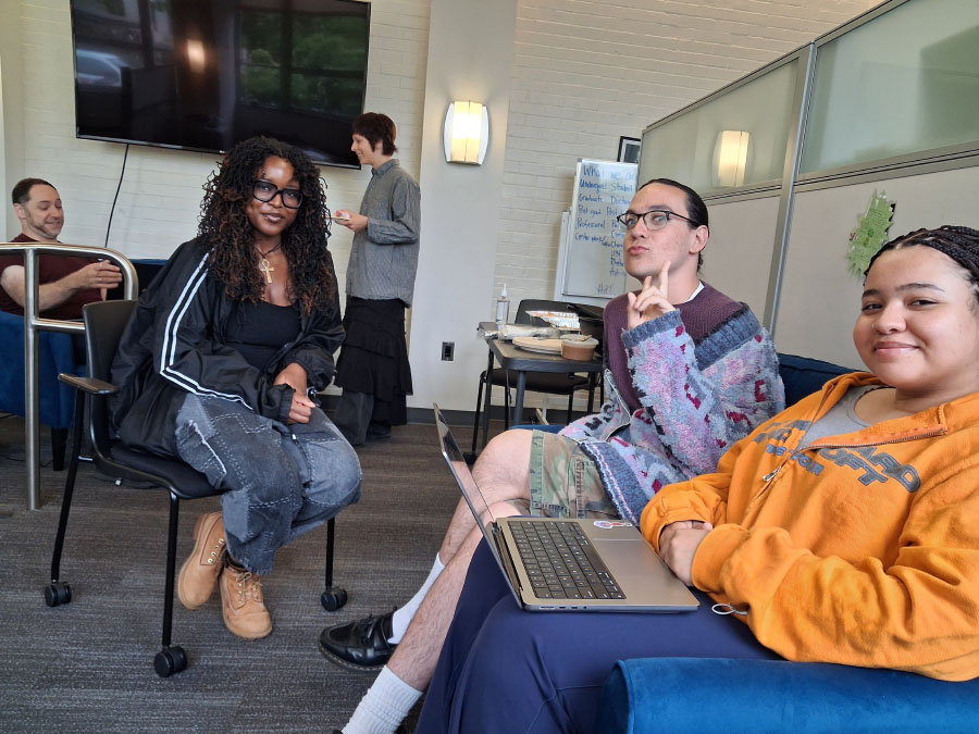 ARPC doctoral fellow, David Trachtenberg; student writer, Devon Benaroya; and Sonia Sanchez Social Justice Scholars Ngolela Omekongo, Noah Green, and J-Lin De Los Santos unwind at the Center during finals week.