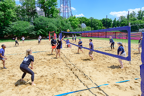 Staff compete during the volleyball tournament
