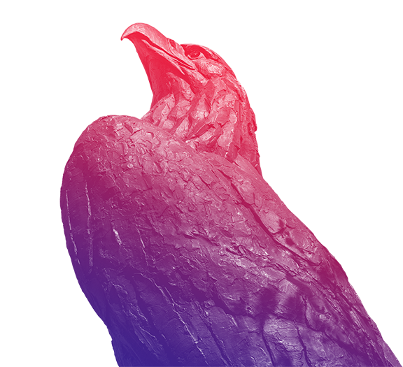 A bronze eagle stares skyward