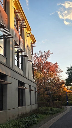 exterior side of the School of International Service building at sunset