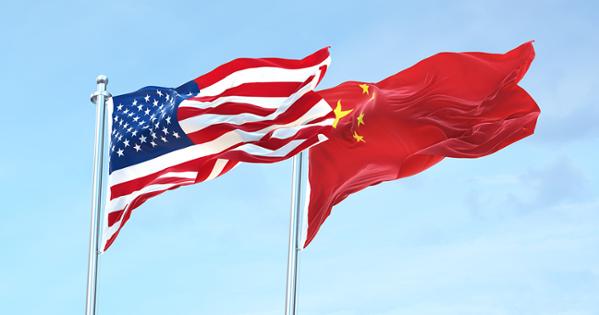 The flags of the United States and China blow in the wind