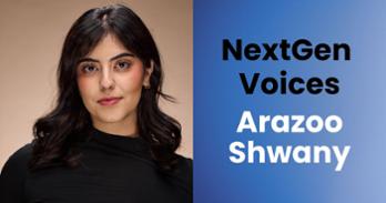 Photo of Arazoo Shwany and text that says "NextGen Voices, Arazoo Shwany"