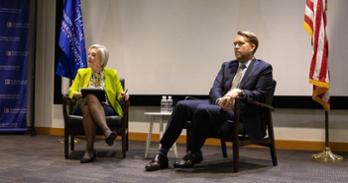 Professor Jane Hall, left, Dan Merica, SOC/MA '11, right. Credit: Elizabeth Hopper/THE EAGLE