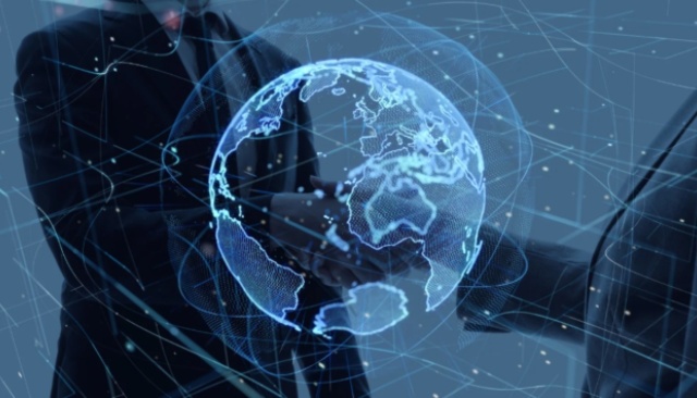 Globe depiction with two professionals shaking hands