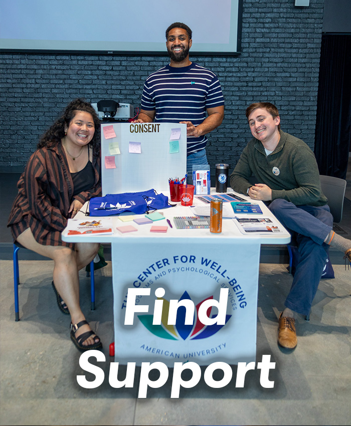 Text reads "Find Support" on top of an image of staff members sitting by a well-being center table with posters and flyers on consent.