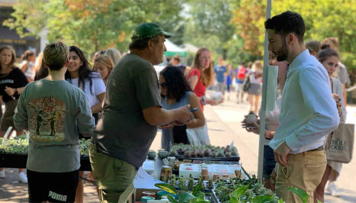 People approach tables with plants at a farmers market on the Quad.