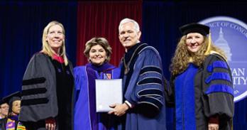 Left to Right Interim Dean Heather Hughes, Gloria Allred, AU President Jonathan Alger, Provost Vicky Wilkins