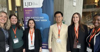 From left to Right: Professor Fernanda Nicola, Alexandra Andrews, Carmen Ponce, Martin Ma, Nino Chikhladze, and Erin Soro at the World Bank's LJD Week.