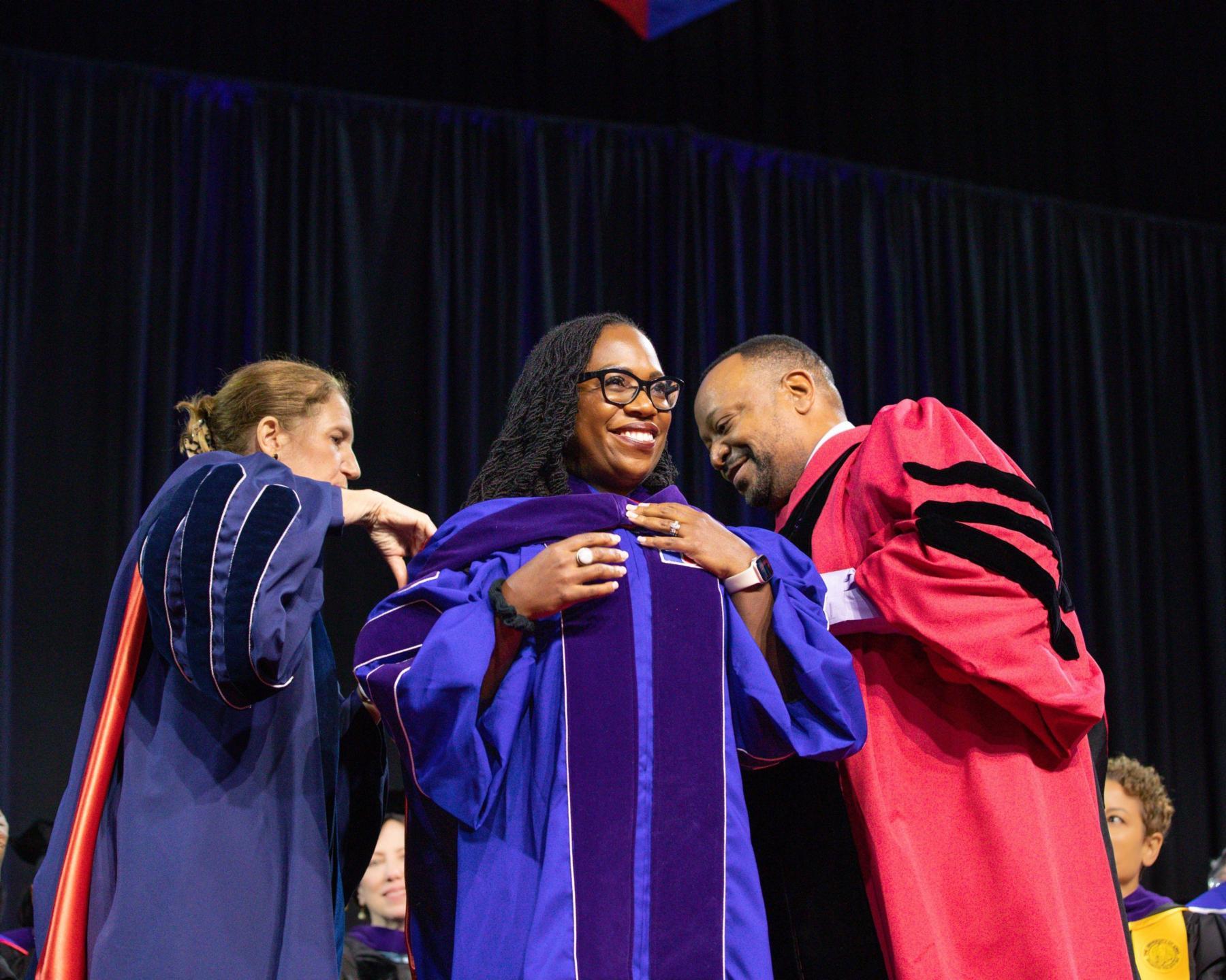 AU Sylvia Mathews Burwell, Dean Roger A. Fairfax, Jr. and Supreme Court Justice Ketanji Brown Jackson AU Sylvia Mathews Burwell, Dean Roger A. Fairfax, Jr. and Supreme Court Justice Ketanji Brown Jackson